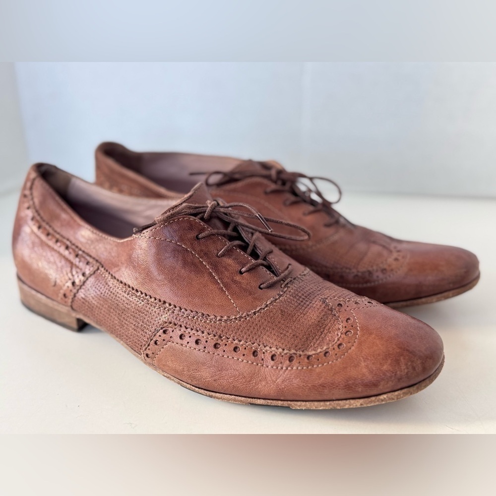 Calzoleria Corvari Brown Leather Lace Up Oxford Wingtips Shoes Size 39 Italy